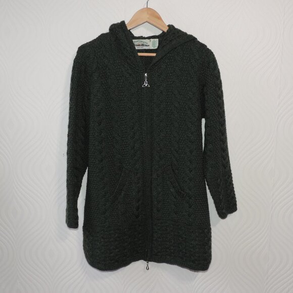 Aran Crafts Sweaters - Aran Crafts Gorgeous Green Cable Knit Full 2-way Zip Hoodie Wool Sweater sz M